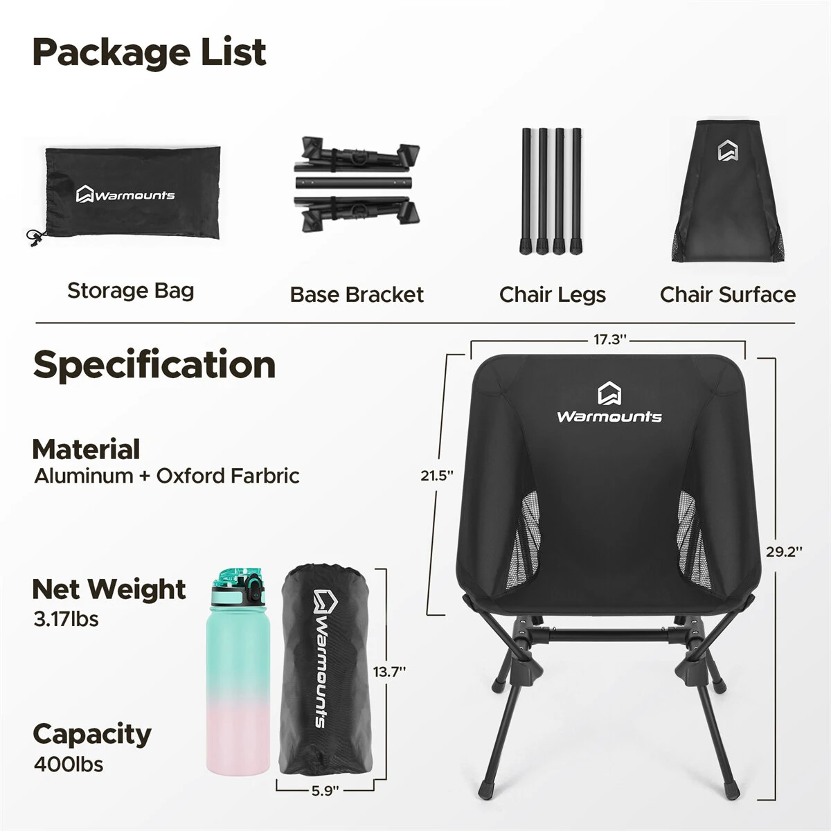(image for) 2Pcs WARMOUNTS Portable Camping Chair, 400LBS Folding Backpacking Chair Side Pocket Carrying Bag, Ultralight Compact Beach Chair for Picnic Hiking Fishing